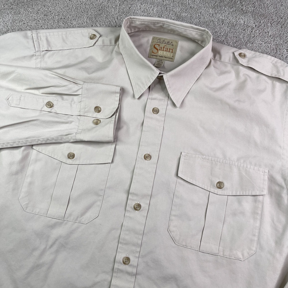 Cabelas Shirt Mens Large Tall Tan Safari Series Button Up Utility Epaulettes